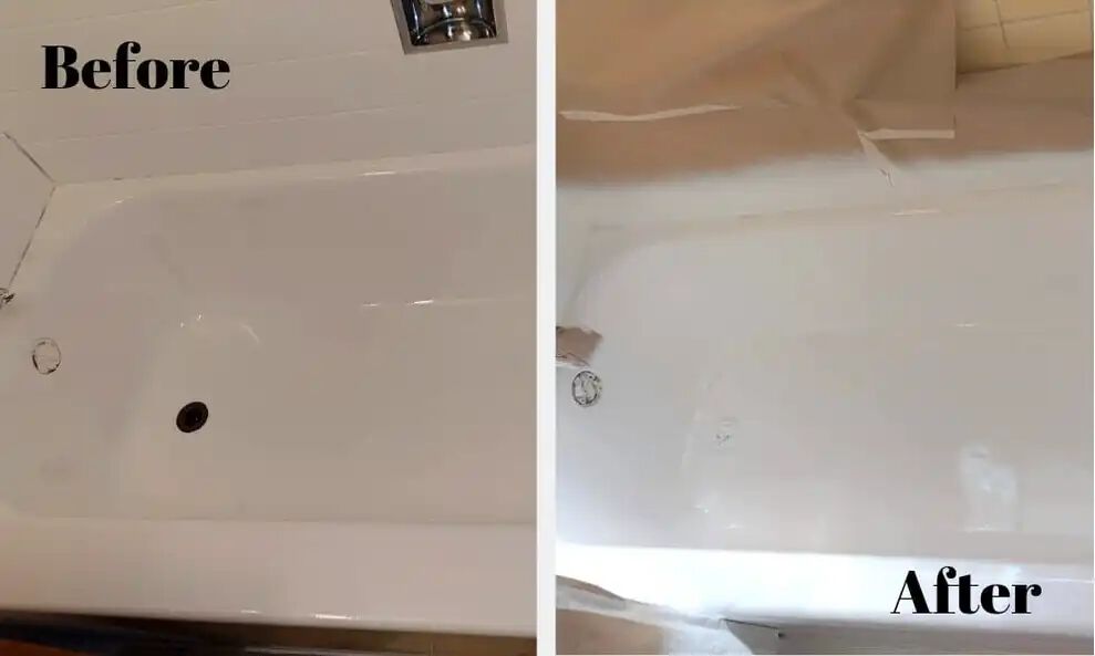 The image shows the before and after of a refinished bathtub from above, the before shows black lines around the tile and some staining on the bathtub, and the after shows the bathtub is completely white.